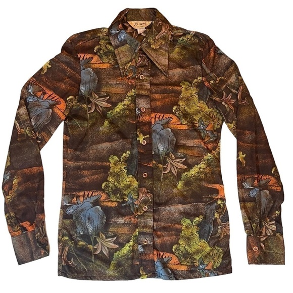 HUTSPAH Other - Vintage 70s HUTSPAH Disco Antron Nylon Button Up Shirt Moose Print Size S RARE